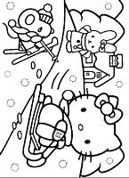 dla dziewczynek do wydruku kolorowanka hello kitty numer 19 - kotek jedzie na sankach obok myszka na nartach, królik i domek w tle